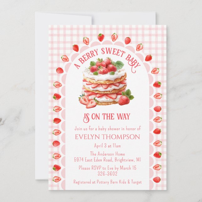 Invitación 008 Fiesta de Bebé de Tarta de Fresa Rosa Rubor (Anverso)
