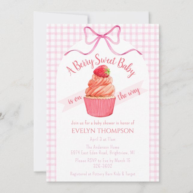 Invitación 009 Fiesta de Bebé Dulce Fresa Rosa Fucsia (Anverso)