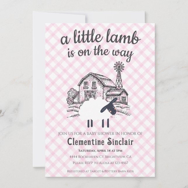 Invitación 009 Fuchsia A Little Lamb Farm Gingham Baby Shower (Anverso)