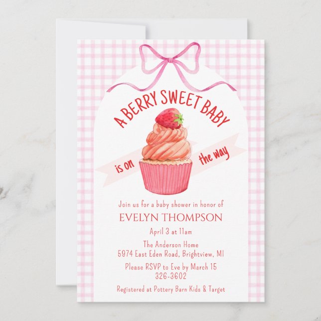 Invitación 009 Fuchsia Berry Sweet Strawberry Baby Shower (Anverso)