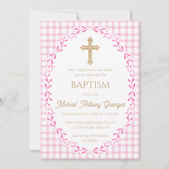 Invitación 009 Fuchsia Botanical Vine Ornate Cross Baptism (Anverso)
