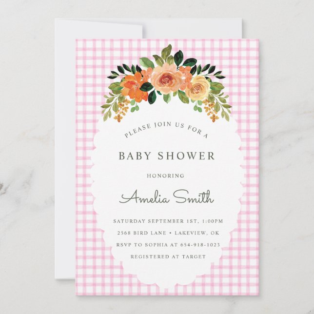 Invitación 009 Fuchsia Floral Gingham Baby Shower Invitations (Anverso)