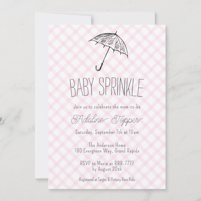 Invitación 009 Fuchsia Modern Umbrella Gingham Baby Sprinkle (Anverso)