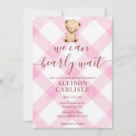 Invitación 009 Fuchsia Pink Teddy Bear Gingham Baby Shower
