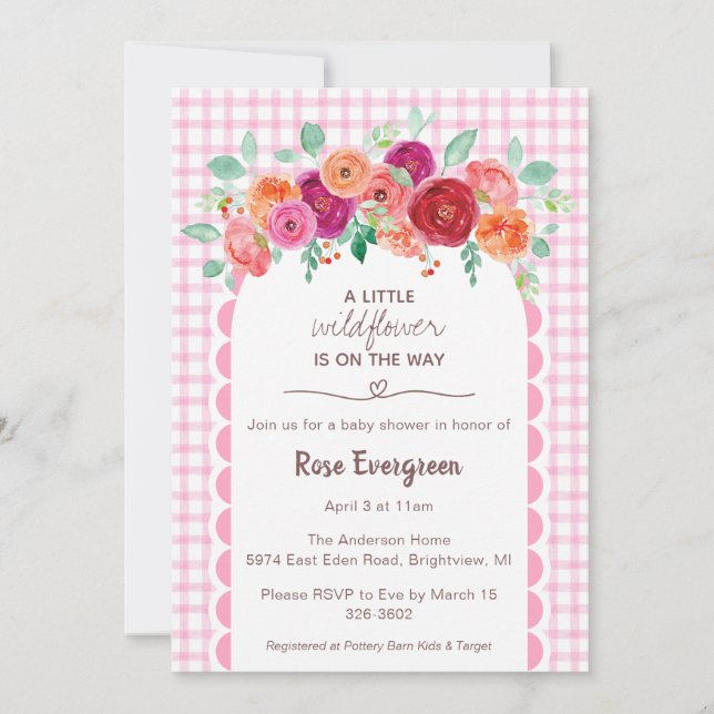 Invitación 009 Fuchsia Pink Watercolor Wildflower Baby Shower (Anverso)
