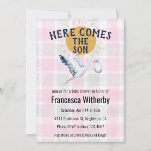 Invitación 009 Fucsia 020 Niebla Plaid Cigüeña Baby Shower