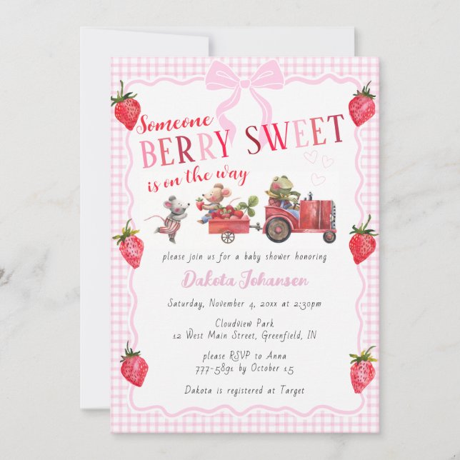 Invitación 009 Fucsia Gingham Berry Dulce Granja Baby Shower (Anverso)