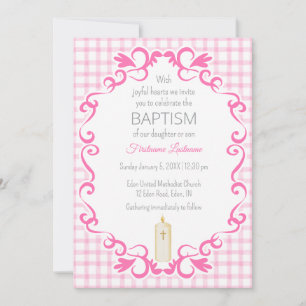Invitación 009 Fucsia Rollo Gingham Cruz Vela Bautizo