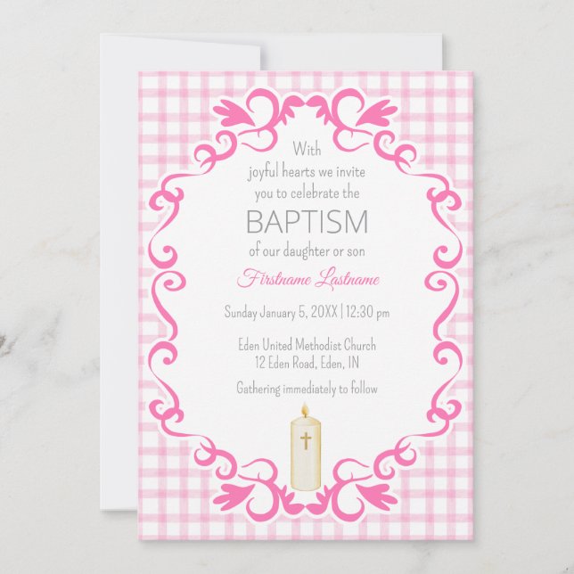 Invitación 009 Fucsia Rollo Gingham Cruz Vela Bautizo (Anverso)