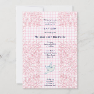 Invitación 009 Gingham Cruce Botánico Paloma Fucsia Bautizo