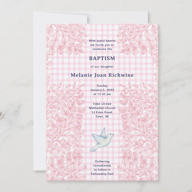 Invitación 009 Gingham Cruce Botánico Paloma Fucsia Bautizo (Anverso)