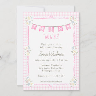 Invitación 009 Gingham Floral Gemelas Rosa Fucsia Cumpleaños