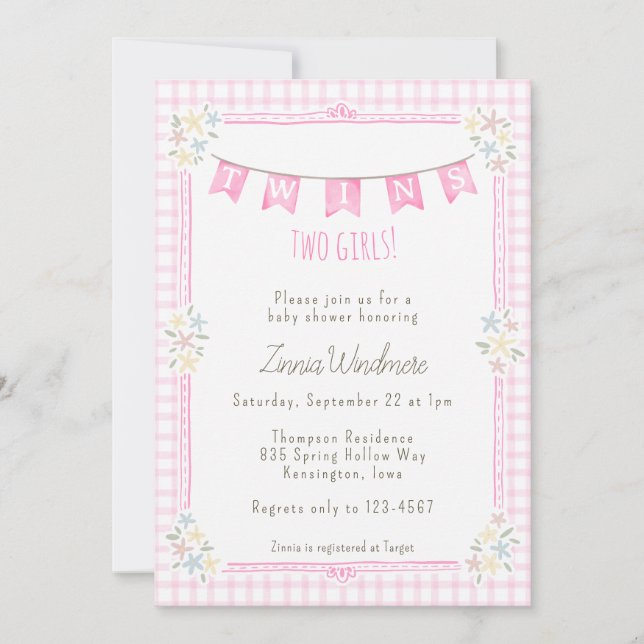 Invitación 009 Gingham Floral Gemelas Rosa Fucsia Cumpleaños  (Anverso)