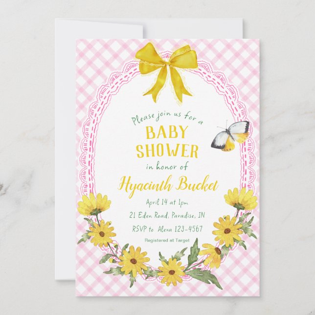 Invitación 009 Lazo de Gingham de Margarita Amarilla Fucsia p (Anverso)