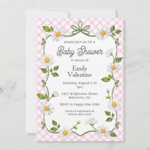 Invitación 009 Rosa Fucsia Floral Cuadros de Margaritas Baby