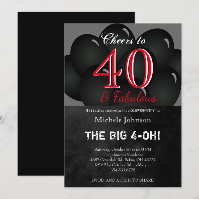 Invitación 00.ª fiesta de cumpleaños con globos negros (Anverso / Reverso)