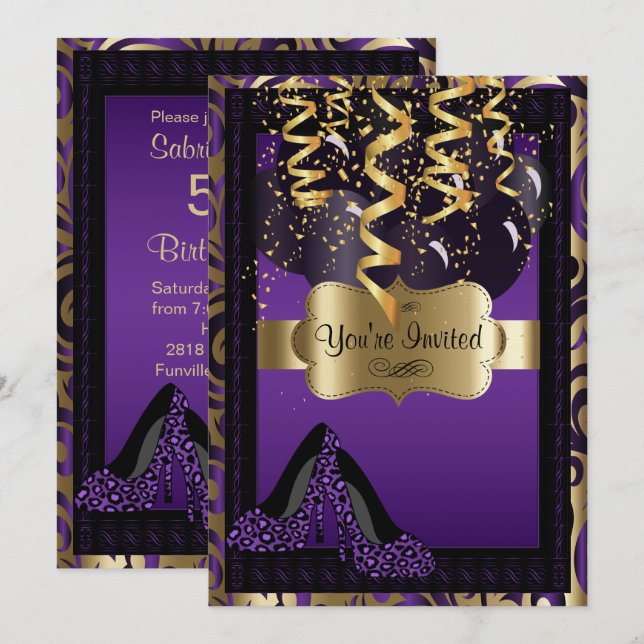 Invitación 00.ª fiesta de cumpleaños | Leopardo morado de tac (Anverso / Reverso)