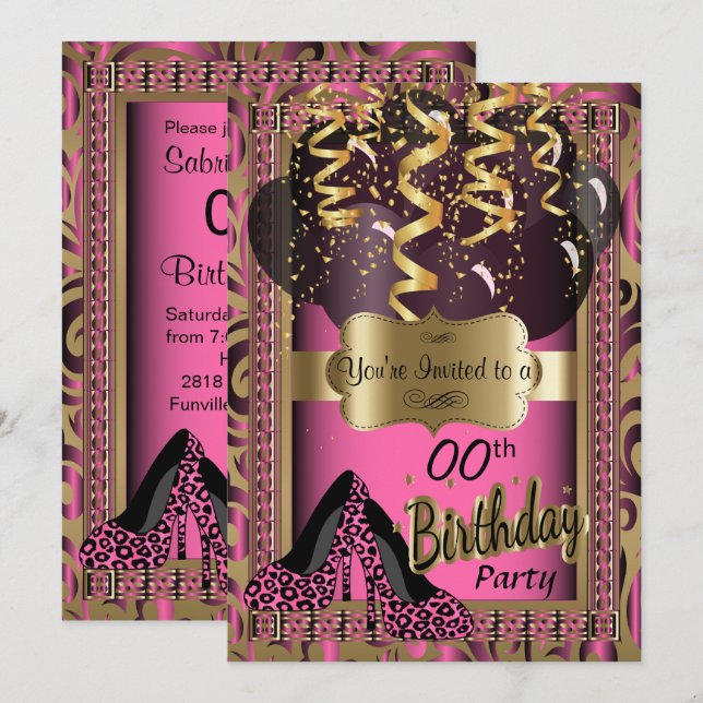 Invitación 00.ª fiesta de cumpleaños | Leopardo rosa de tacon (Anverso / Reverso)