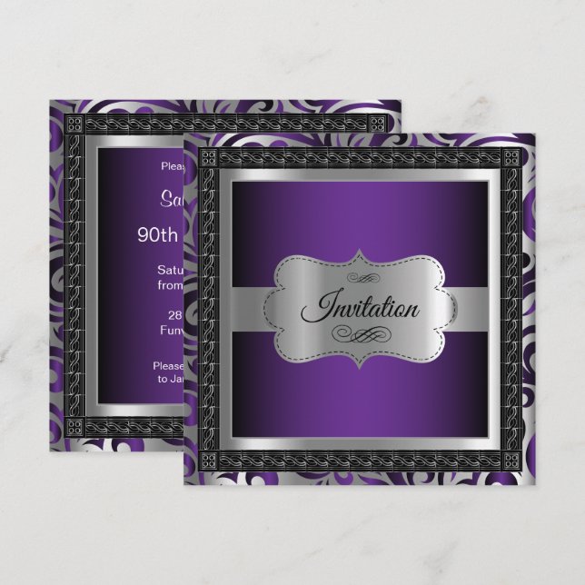 Invitación 00.ª fiesta de cumpleaños | Metálico morado y plat (Anverso / Reverso)