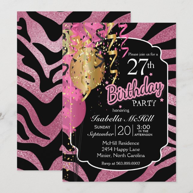 Invitación 00.º BIrthday - Rayas de cebra rosa y negra (Anverso / Reverso)
