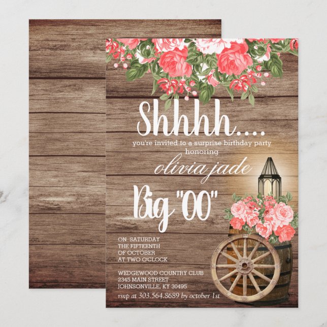 Invitación 00.º cumpleaños - Flores de barril de madera y de  (Anverso / Reverso)