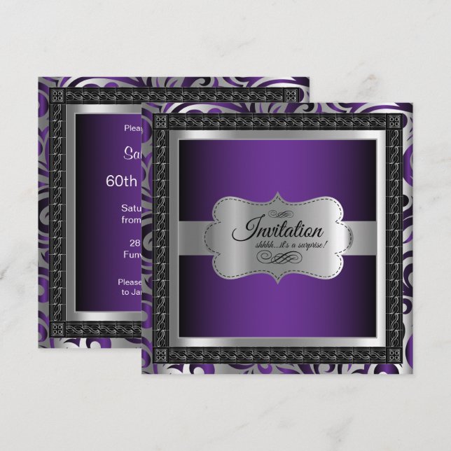Invitación 00.º cumpleaños sorpresa | Metálico púrpura y plat (Anverso / Reverso)