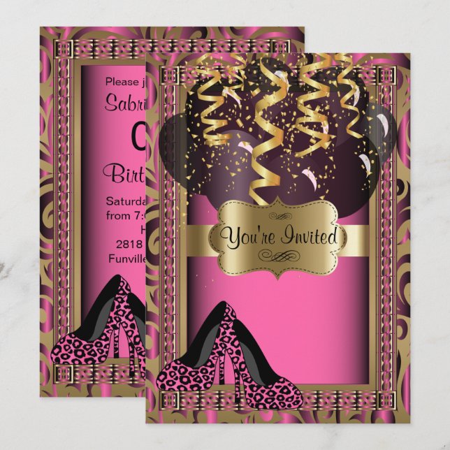 Invitación 00o Leopardo rosado de los tacones altos de la (Anverso / Reverso)