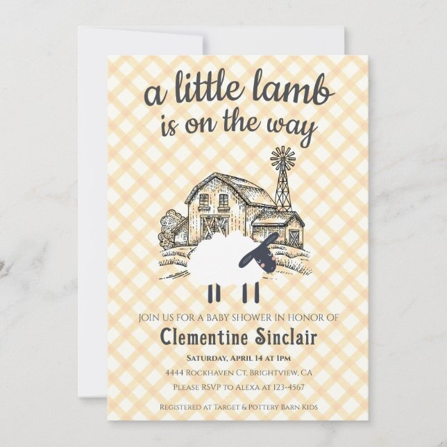 Invitación 010 Amber A Little Lamb Farm Gingham Baby Shower (Anverso)