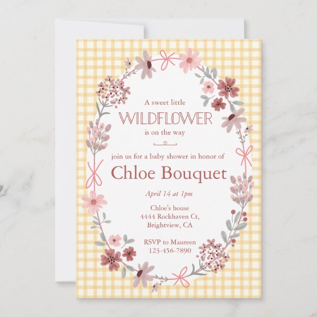 Invitación 010 Amber Boho Wildflower Bow Gingham Baby Shower (Anverso)