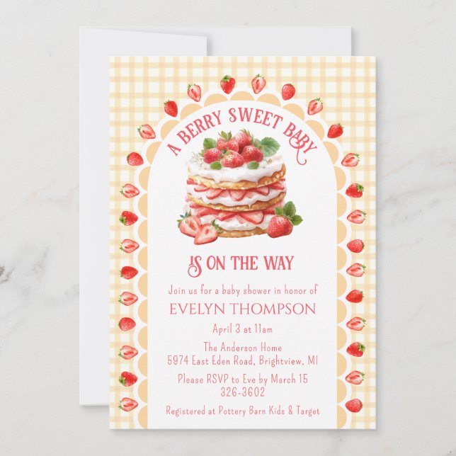 Invitación 010 Amber Gingham Strawberry Shortcake Baby Shower (Anverso)
