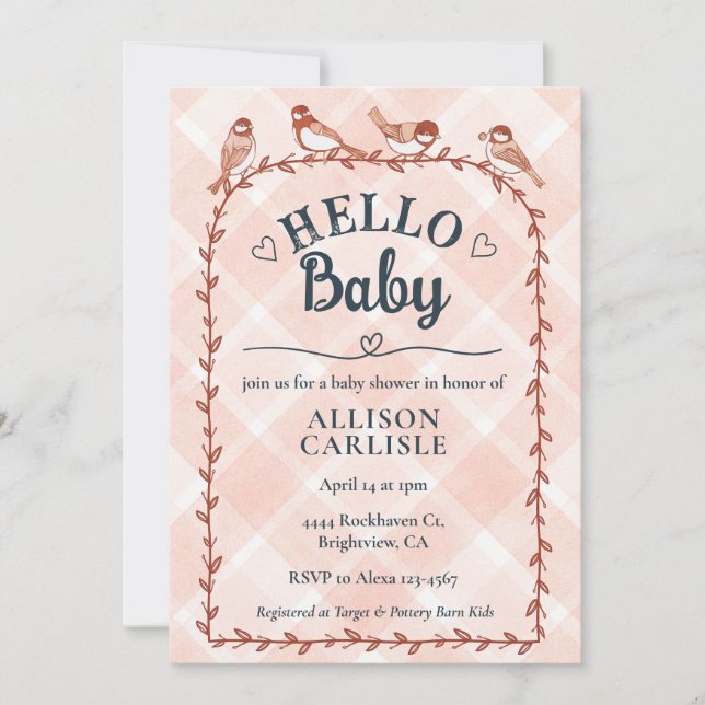 Invitación 011 Terracotta Watercolor Gingham Bird Baby Shower (Anverso)