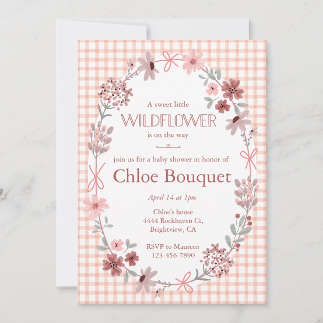 Invitación 011 Terracotta Wildflower Bow Gingham Baby Shower (Anverso)