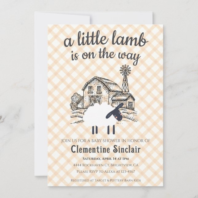 Invitación 012 Copper A Little Lamb Farm Plaid Baby Shower (Anverso)