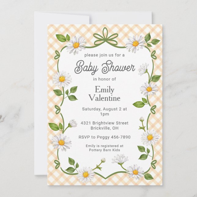 Invitación 012 Copper Rust Floral Daisy Plaid Baby Shower (Anverso)