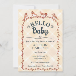 Invitación 012 Copper Watercolor Gingham Birds Baby Shower