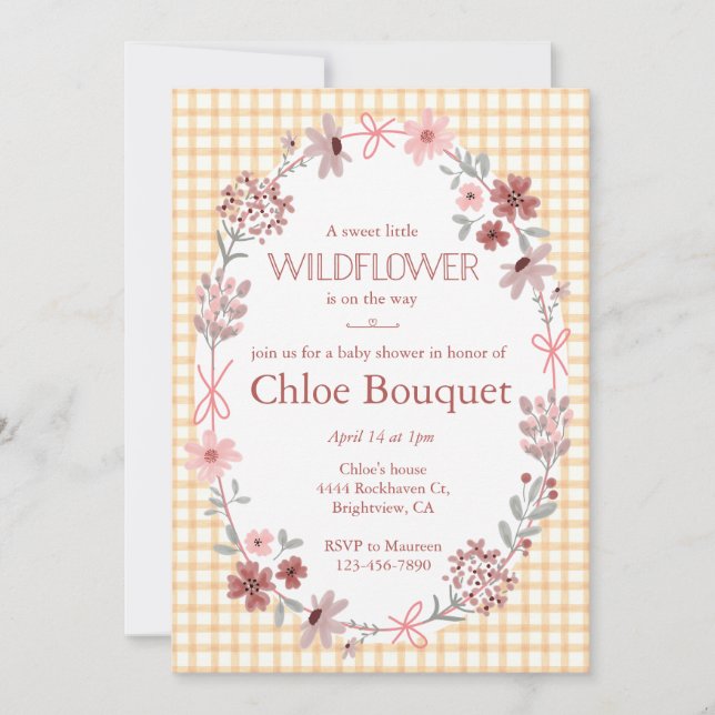 Invitación 012 Copper Wildflower Bow Gingham Baby Shower (Anverso)
