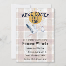 Invitación 013 Chocolate 020 Fog Sun Plaid Stork Baby Shower