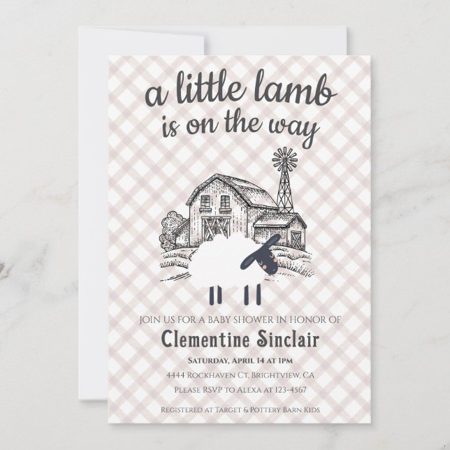 Invitación 013 Chocolate A Little Lamb Farm Plaid Baby Shower (Anverso)