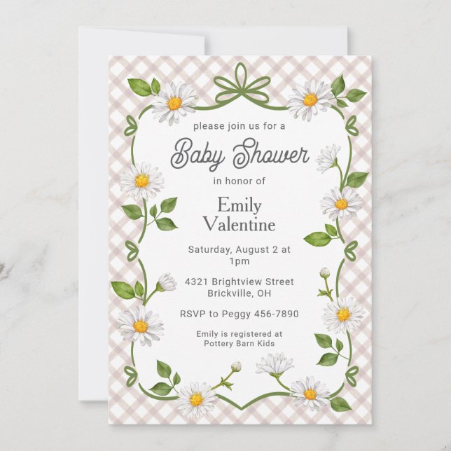 Invitación 013 Chocolate Brown Floral Daisy Plaid Baby Shower (Anverso)