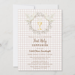 Invitación 013 Chocolate Dove & Chalice Gingham Primera Comun
