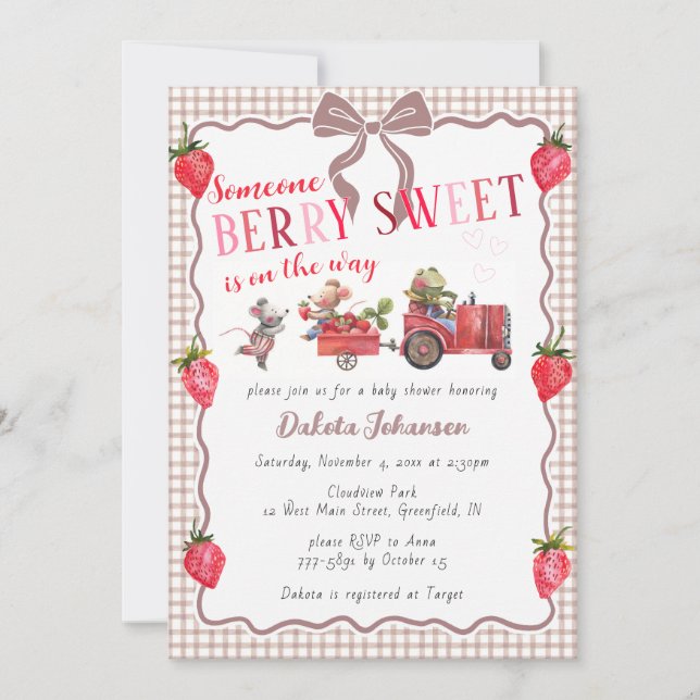 Invitación 013 Chocolate Gingham Fiesta de Dulces Bayas Baby  (Anverso)