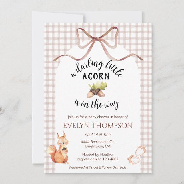 Invitación 013 Chocolate Squirrel Acorn Gingham Baby Shower (Anverso)