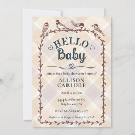 Invitación 013 Chocolate Watercolor Gingham Birds Baby Shower