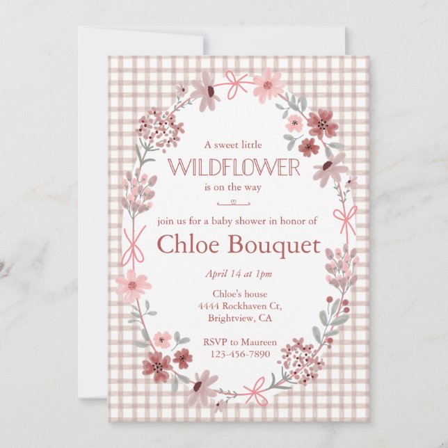 Invitación 013 Chocolate Wildflower Bow Gingham Baby Shower (Anverso)