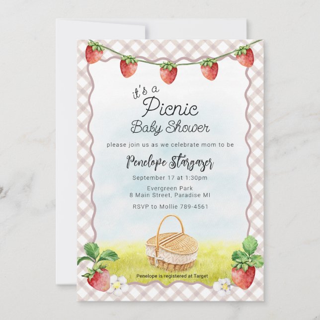 Invitación 013 Picnic de bebé de fresa marrón chocolate (Anverso)