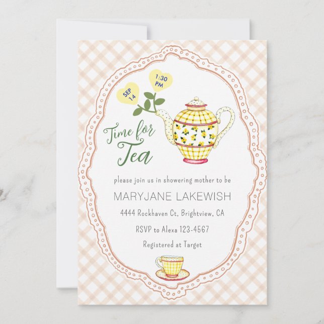 Invitación 014 Dulce como un Latte Fiesta del Té de Cuadros d (Anverso)