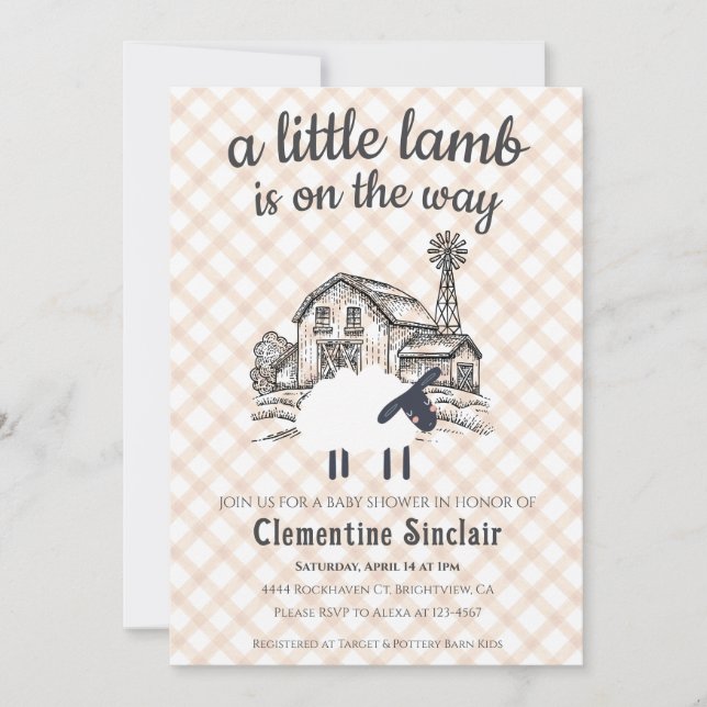 Invitación 014 Latte A Little Lamb Farm Plaid Baby Shower (Anverso)