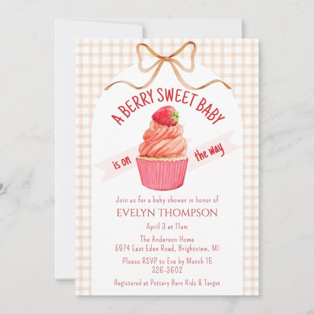 Invitación 014 Latte Brown Berry Sweet Strawberry Baby Shower (Anverso)