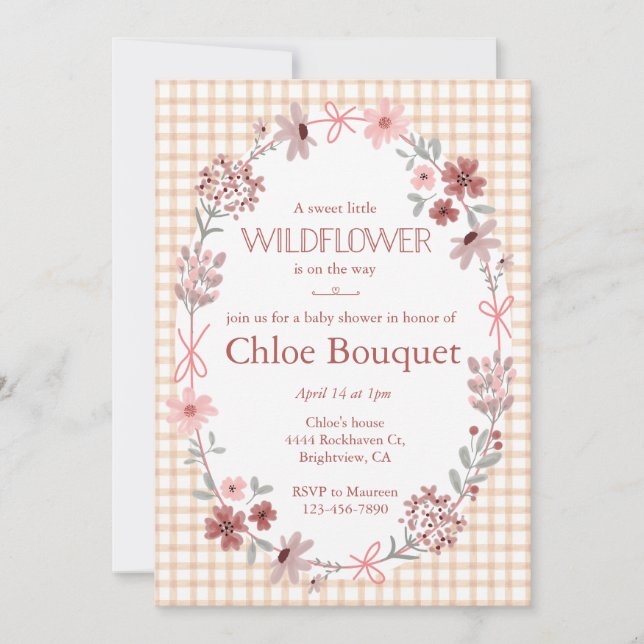 Invitación 014 Latte Brown Wildflower Bow Gingham Baby Shower (Anverso)