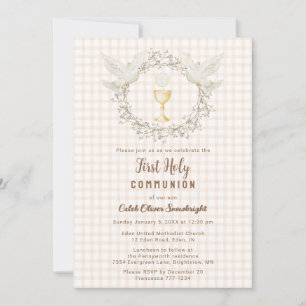 Invitación 014 Latte Dove & Chalice Gingham Primera Comunión